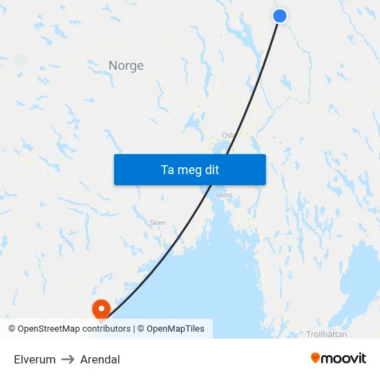 Elverum to Arendal map