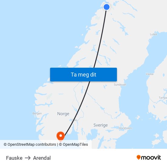 Fauske to Arendal map