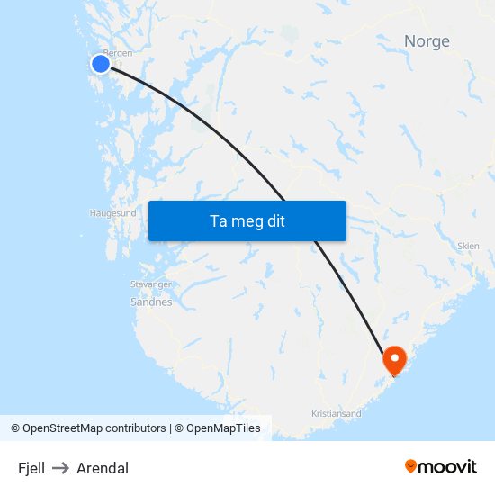 Fjell to Arendal map