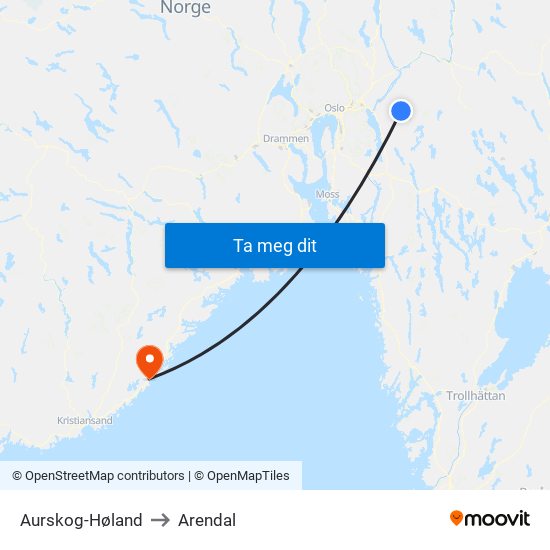 Aurskog-Høland to Arendal map