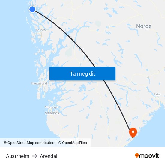 Austrheim to Arendal map