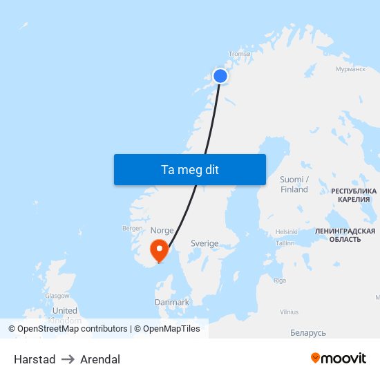 Harstad to Arendal map