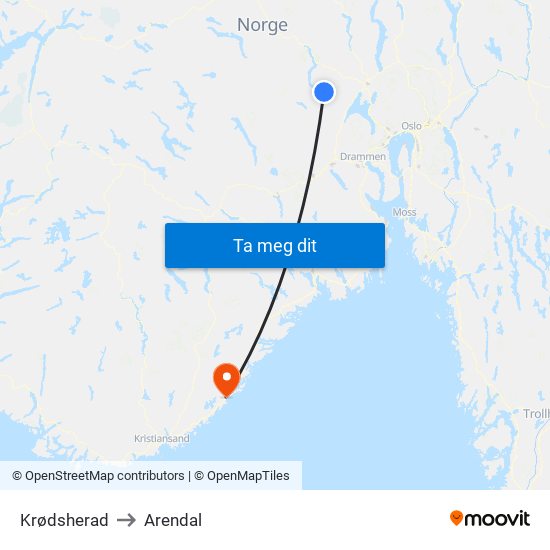 Krødsherad to Arendal map