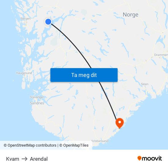 Kvam to Arendal map