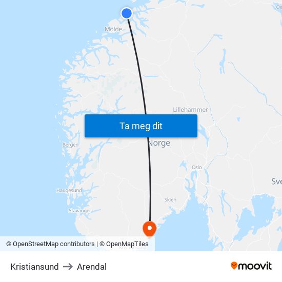 Kristiansund to Arendal map