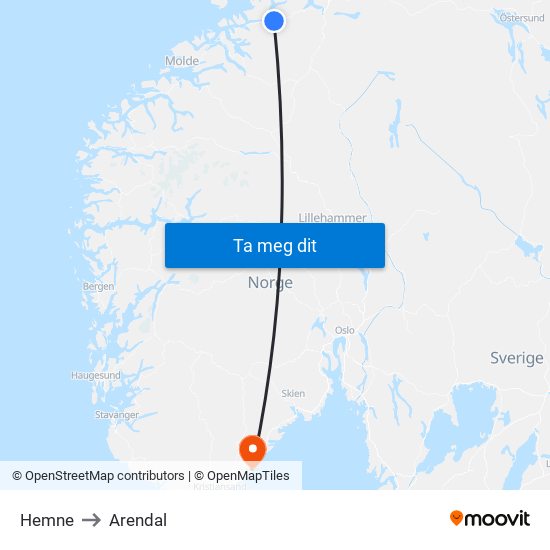 Hemne to Arendal map