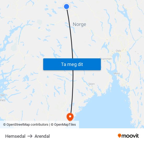 Hemsedal to Arendal map