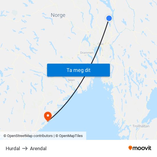 Hurdal to Arendal map