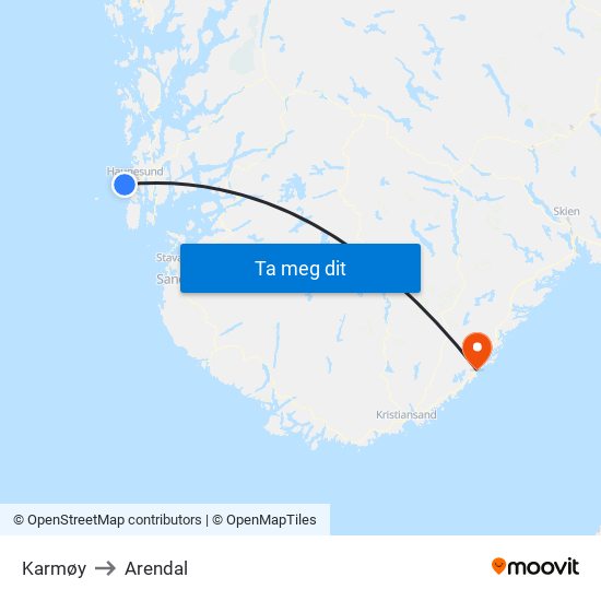 Karmøy to Arendal map