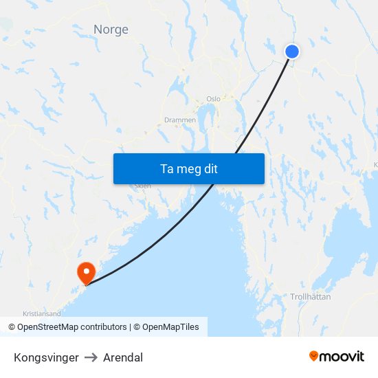 Kongsvinger to Arendal map