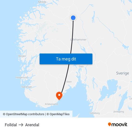 Folldal to Arendal map