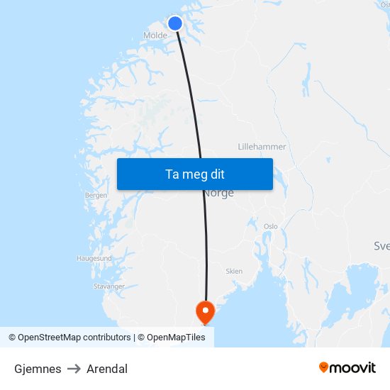 Gjemnes to Arendal map