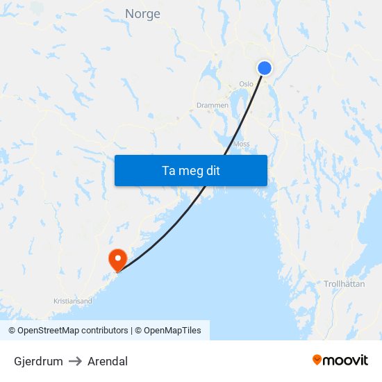 Gjerdrum to Arendal map