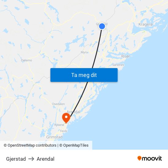 Gjerstad to Arendal map