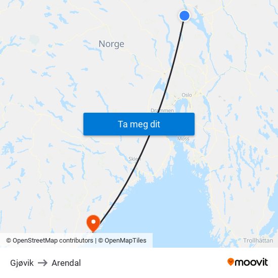 Gjøvik to Arendal map