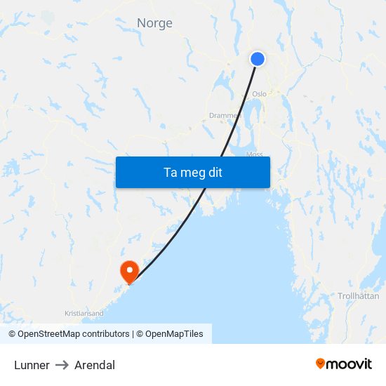 Lunner to Arendal map