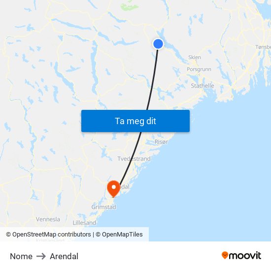 Nome to Arendal map