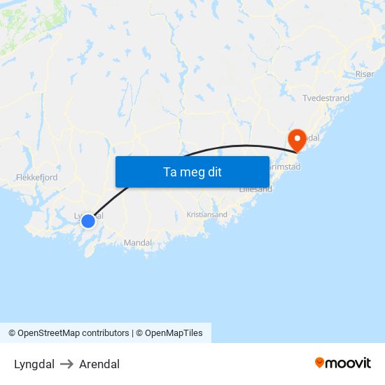 Lyngdal to Arendal map