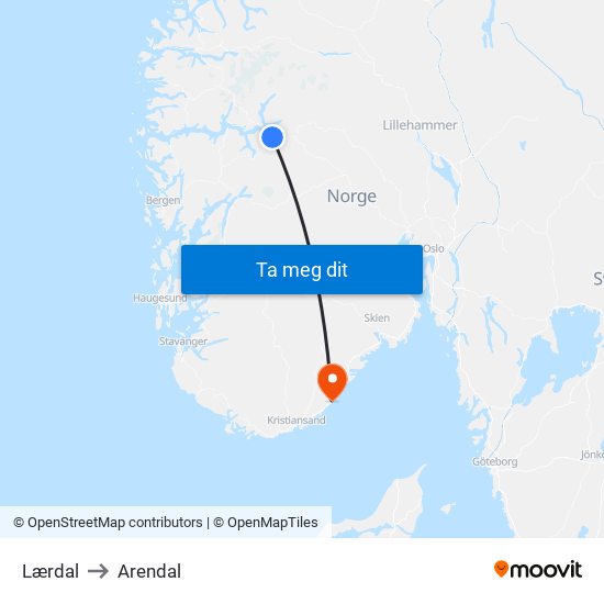 Lærdal to Arendal map