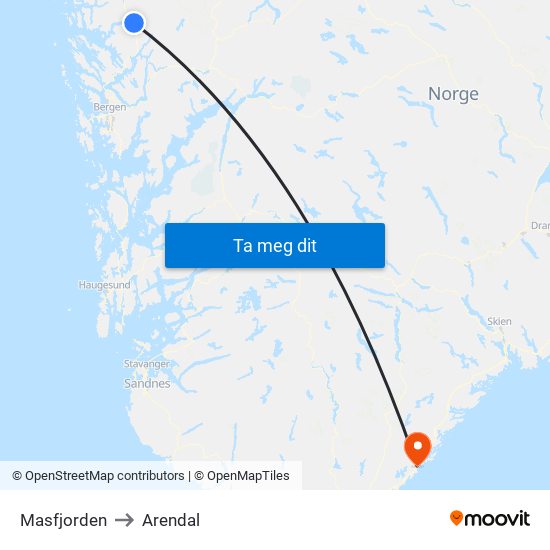 Masfjorden to Arendal map