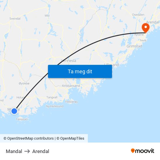 Mandal to Arendal map