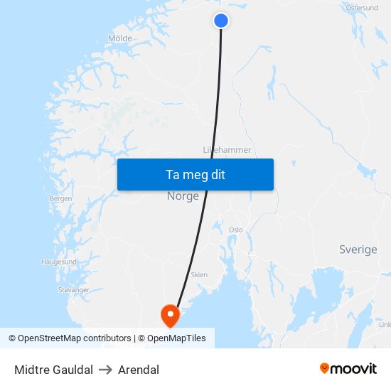 Midtre Gauldal to Arendal map
