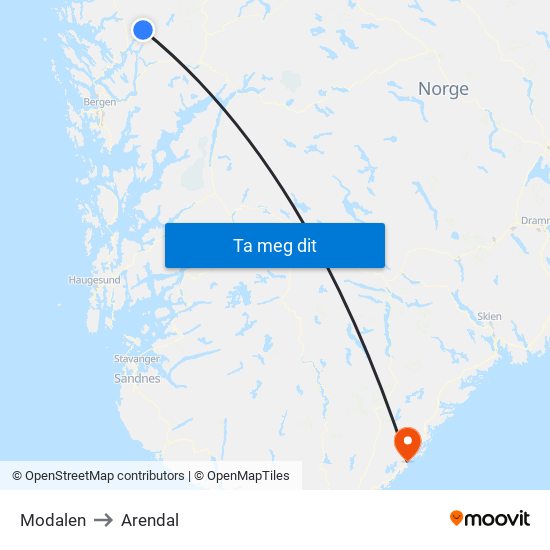 Modalen to Arendal map