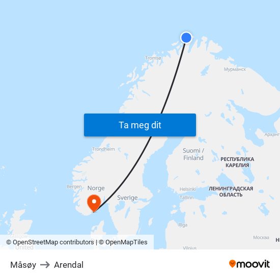 Måsøy to Arendal map