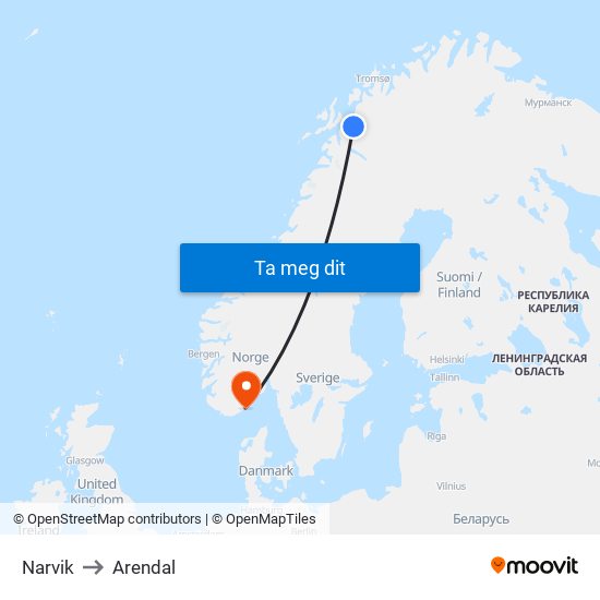 Narvik to Arendal map