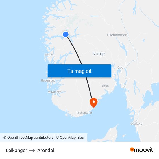Leikanger to Arendal map