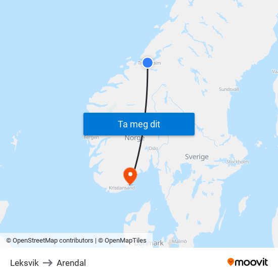 Leksvik to Arendal map