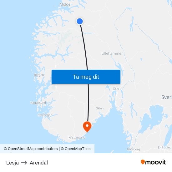 Lesja to Arendal map