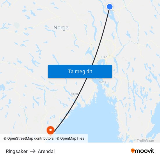 Ringsaker to Arendal map