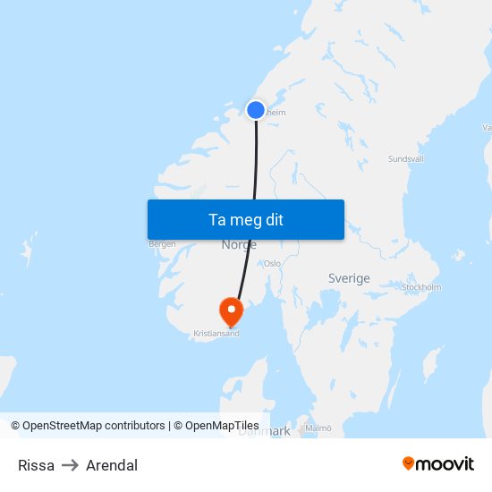 Rissa to Arendal map