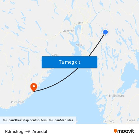 Rømskog to Arendal map