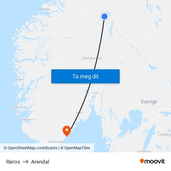 Røros to Arendal map