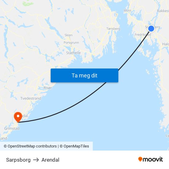Sarpsborg to Arendal map