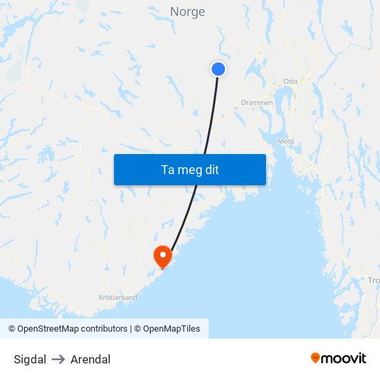 Sigdal to Arendal map