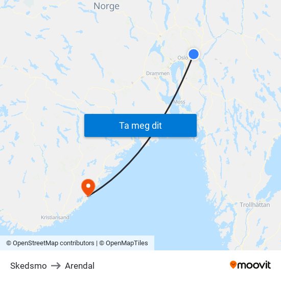 Skedsmo to Arendal map