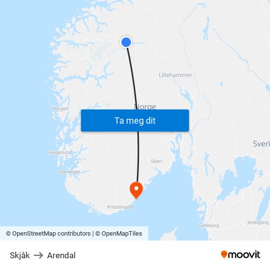 Skjåk to Arendal map