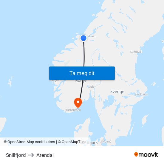 Snillfjord to Arendal map