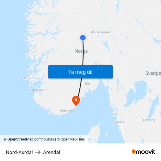 Nord-Aurdal to Arendal map