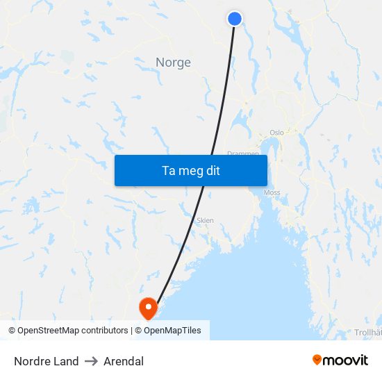 Nordre Land to Arendal map