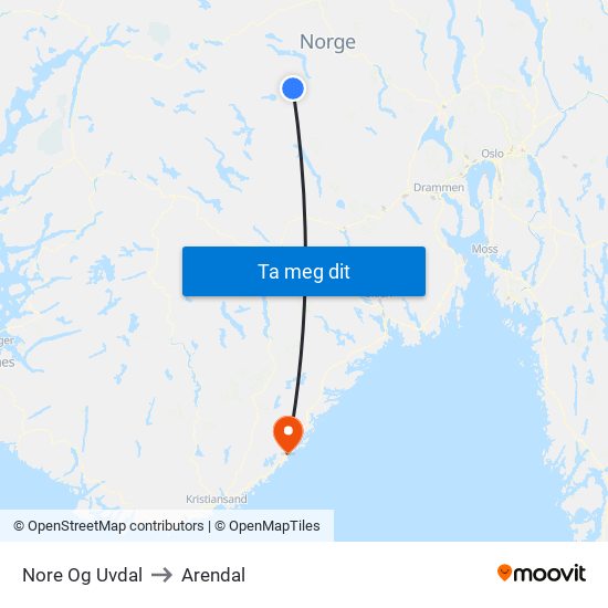 Nore Og Uvdal to Arendal map