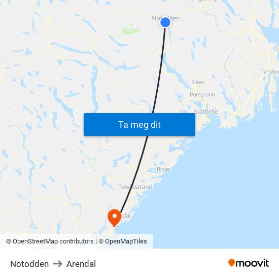 Notodden to Arendal map