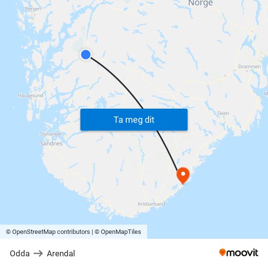 Odda to Arendal map