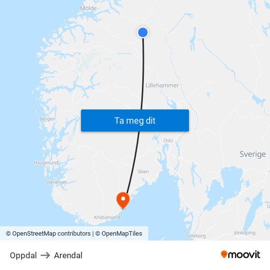 Oppdal to Arendal map