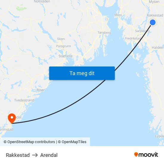 Rakkestad to Arendal map