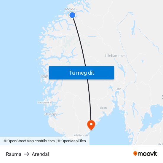 Rauma to Arendal map