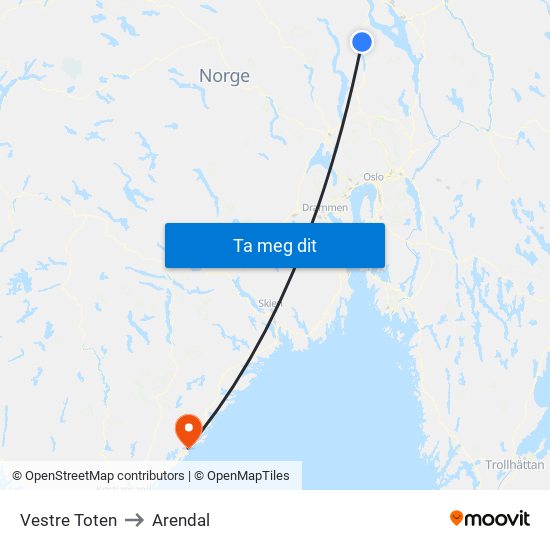 Vestre Toten to Arendal map